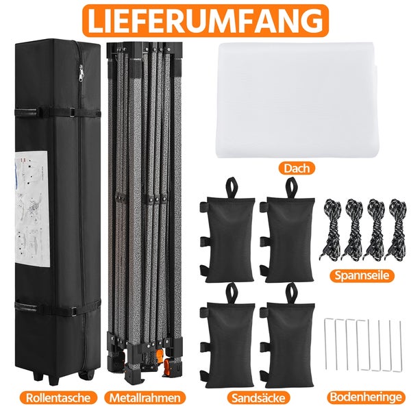 Lieferumfang eines Faltpavillons mit Tragetasche, Metallrahmen, Dach, Spannseilen, Sandsäcken und Bodenheringen