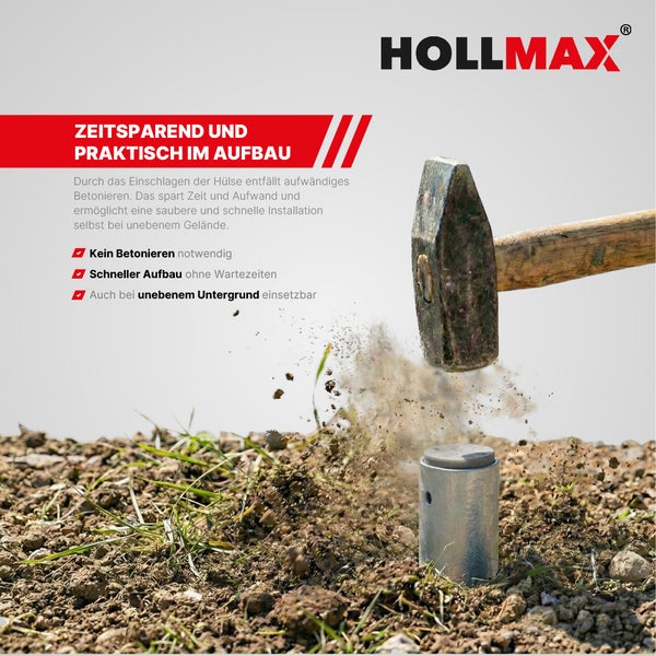 Hollmax Logo. Eine Metallhülse wird mit einem Hammer in den Boden geschlagen. Text informiert über die Montage ohne Betonieren.