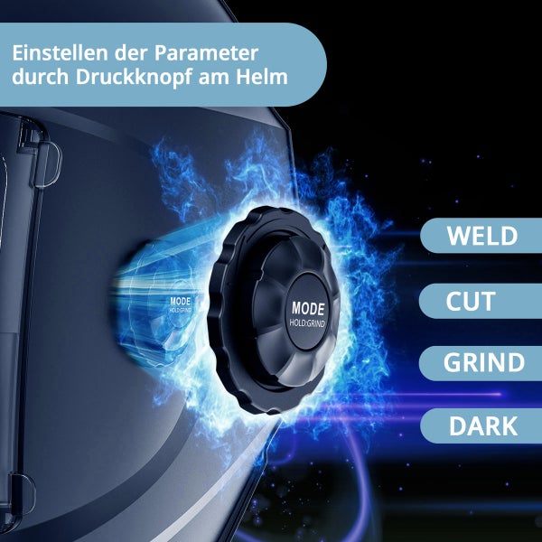 Schweißhelm mit externem Druckknopf zur Einstellung der Parameter für Schweißen, Schneiden, Schleifen und Verdunkelung.