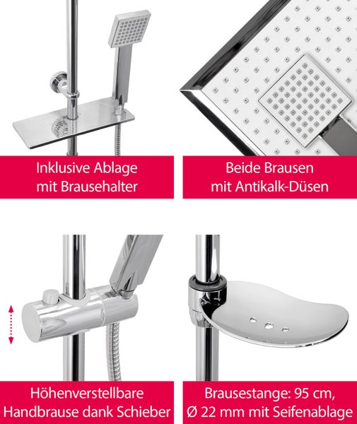 aquaSu® Basic Duschsystem 914 | Ø 7,5 cm Handbrause mit Regenstrahl | Ø 20 x 20 cm Kopfbrause | Anti-Kalk | Wassersparend | 95 cm Duschstange | Metall-Brauseschläuche Typ 1/2  | Chrom | 727914