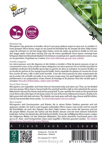 Buzzy Logo. Verpackung Blutampfer Microgreen Samen.