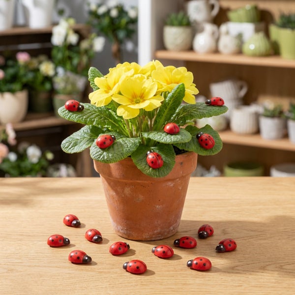 Primel in Tontopf dekoriert mit Marienkäfer Figuren als Blumenschmuck