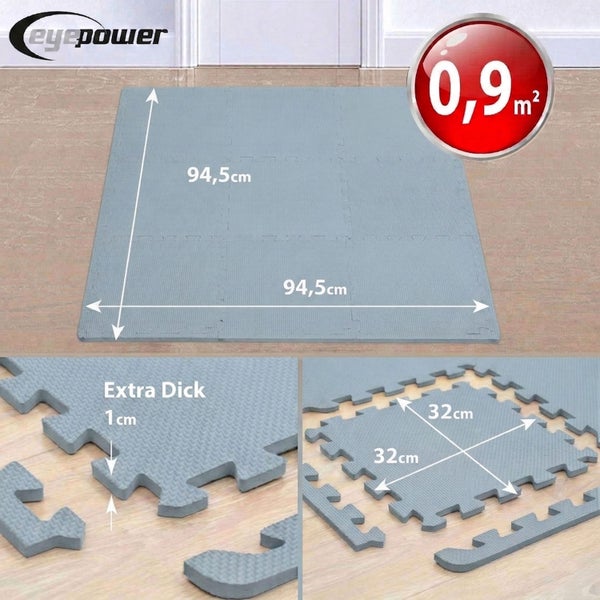 Eyepower Logo. Quadratische Bodenschutzmatte aus Schaumstoff bestehend aus neun Einzelteilen, Gesamtmaß 94,5 mal 94,5 Zentimeter, Fläche null Komma neun Quadratmeter. Einzelmattenmaß 32 mal 32 Zentimeter, Dicke 1 Zentimeter.