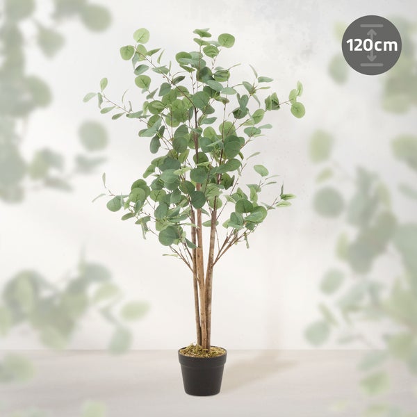 ML-Design Künstliche Eukalyptus 120 cm, Künstliche Pflanzen groß, Kunstpflanze mit Naturholzstamm, Fake Plastikpflanzen im Topf, Deko für Drinnen und Draußen, Kunstbaum wie echt für Wohnzimmer Büro