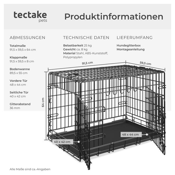 Produktinformationen zur tectake pets Hundegitterbox mit Abmessungen 91,5 x 59,5 x 64 cm, Belastbarkeit bis 25 kg, aus Stahl und Kunststoff.