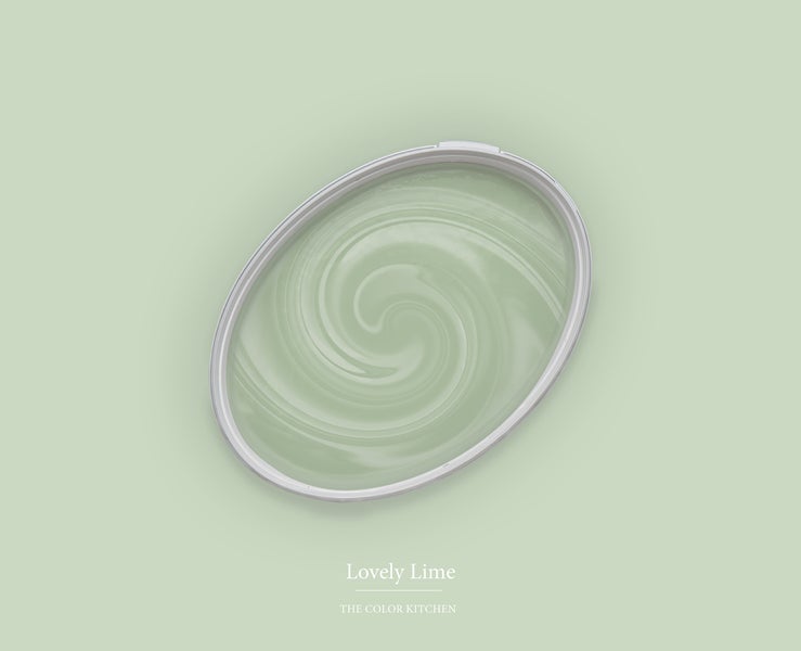 Wandfarbe Lovely Lime von The Color Kitchen, dargestellt als Farbwirbel in einem ovalen Behälter.