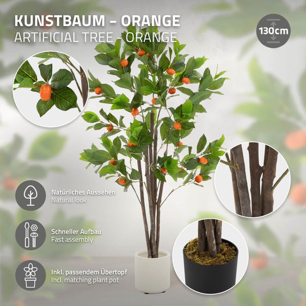 Künstlicher Orangenbaum mit grünen Blättern und einer Höhe von 130 cm im Topf