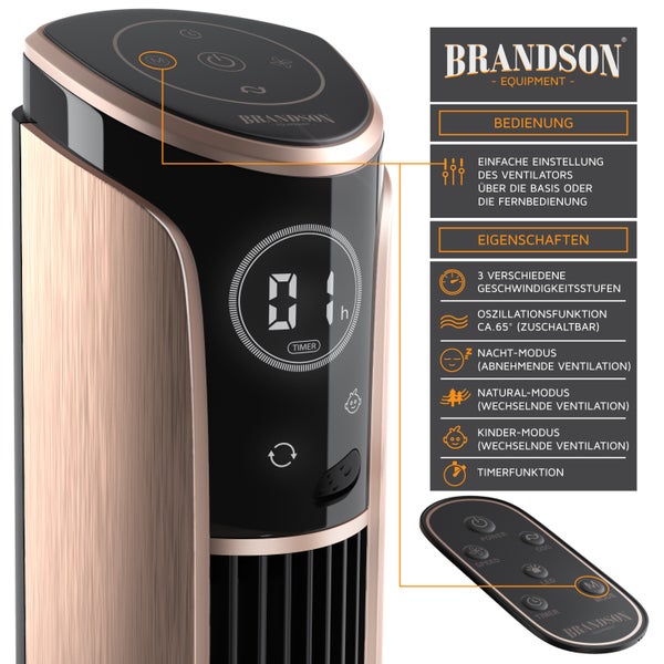 Brandson Turmventilator 108 cm, Ventilator 10 Grad neigbar, Standventilator, 65° oszillierend, 3 Geschwindigkeitsstufen, 4 Lüftungs-Modi