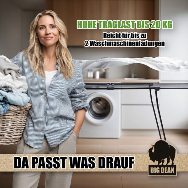 Wäscheständer mit Frau und Wäschekorb im Waschraum