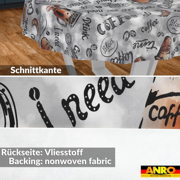 Tischdecke mit Kaffee-Motiven, Schnittkante und Vliesstoff-Rückseite. ANRO Logo.