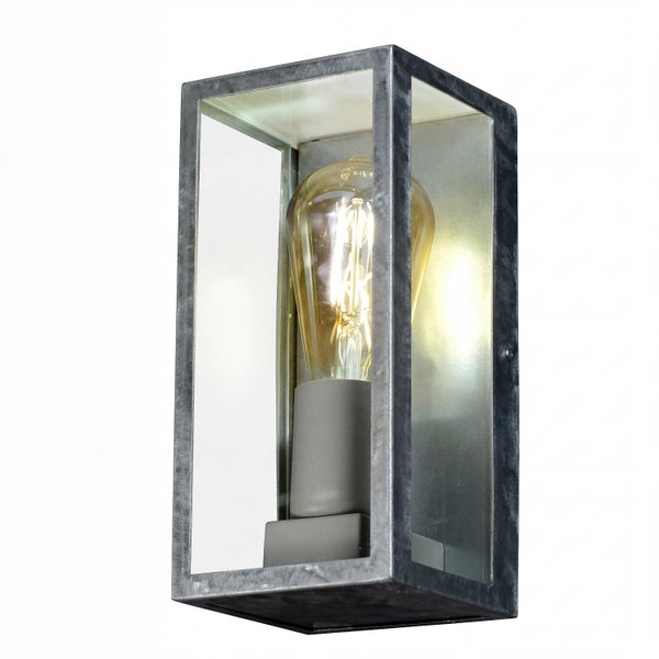 Rechteckige Außenwandleuchte aus verzinktem Metall mit Glaseinsätzen und einer dekorativen LED-Filament-Glühbirne im Industrial-Design.