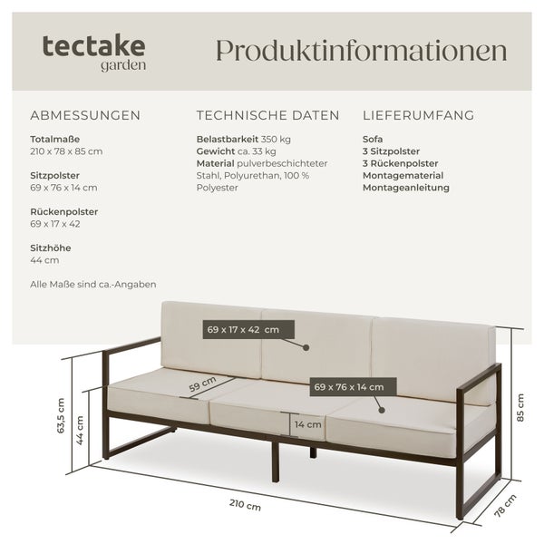 Garten-Loungesofa tectake Comosa 210 x 78 x 85 cm Dicke des Sitzpolsters 14 cm braun/beige