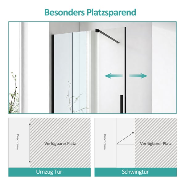 Platzsparende Duschkabine mit schwarzem Profil zeigt den Raumvorteil einer Schiebetür gegenüber einer Schwingtür für mehr verfügbaren Platz.