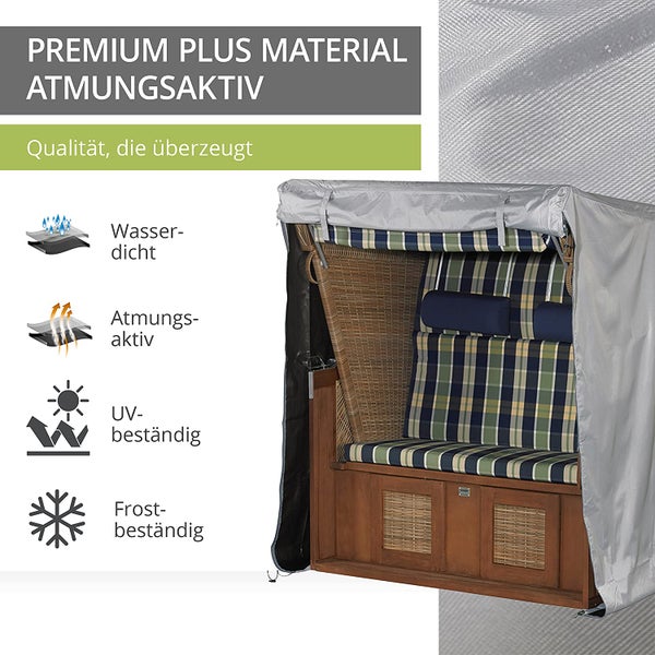 Mehr Garten - Premium Plus Strandkorb-Schutzhülle: 165(B)x100(T)x165/140(H) cm I Abdeckhaube für Strandkörbe atmungsaktiv, wasserdicht & UV-beständig aus 3-lagigem Gewebe I Strandkorbschutz I Taupe