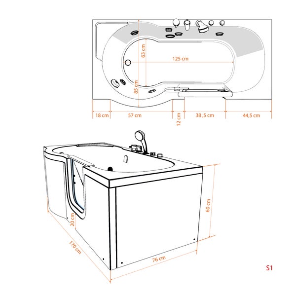 Technische Zeichnung einer Badewanne mit Tür und den zugehörigen Maßen