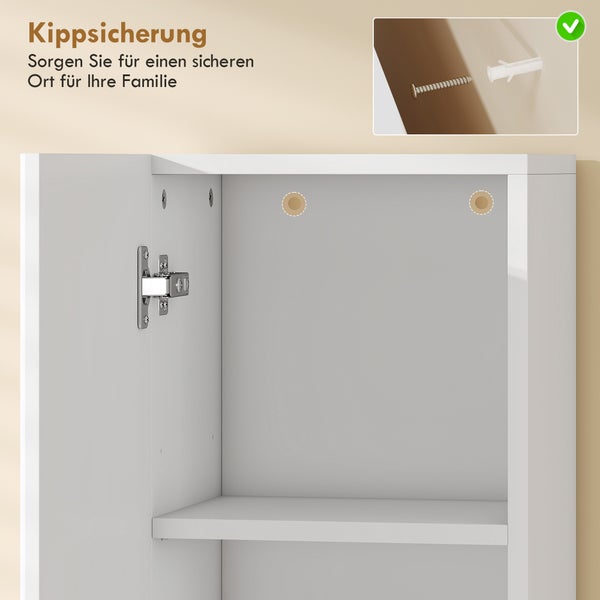Kippsicherung für Schrank mit Detailansicht von Schraube und Dübel zur Wandbefestigung.