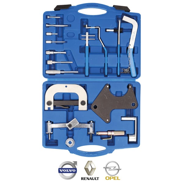 Steuerkettenwerkzeugsatz für Automotoren in einem blauen Werkzeugkoffer