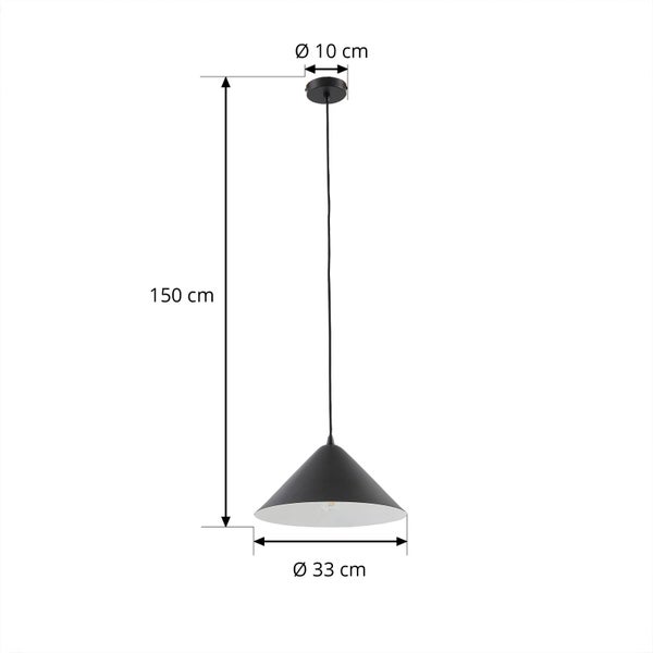 Pendelleuchte mit konischem Schirm, Gesamthöhe 150 Zentimeter, Schirmdurchmesser 33 Zentimeter und Baldachindurchmesser 10 Zentimeter.
