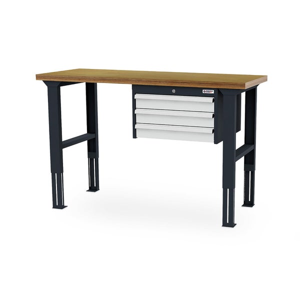 Werkbank mit Holzplatte, schwarzem Metallgestell und drei Schubladen.