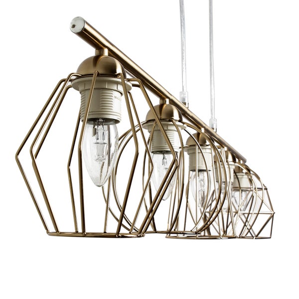 Mehrflammige Deckenleuchte mit geometrischen Lampenschirmen und Metallrahmen