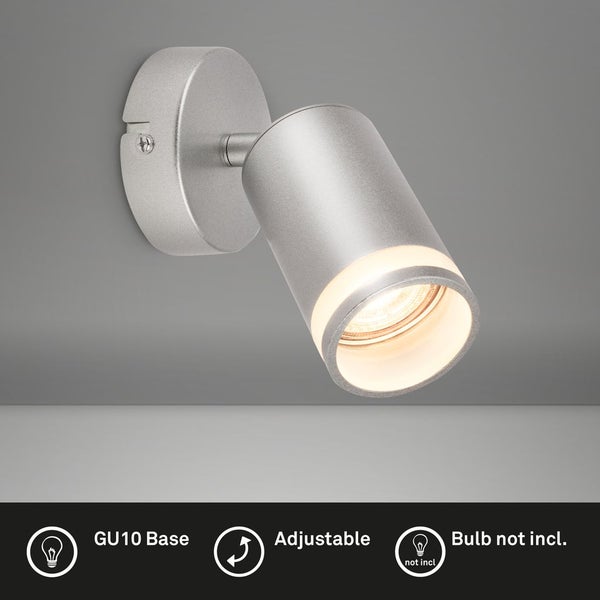 Silberner verstellbarer Wandspot mit GU10-Sockel, Leuchtmittel nicht enthalten.
