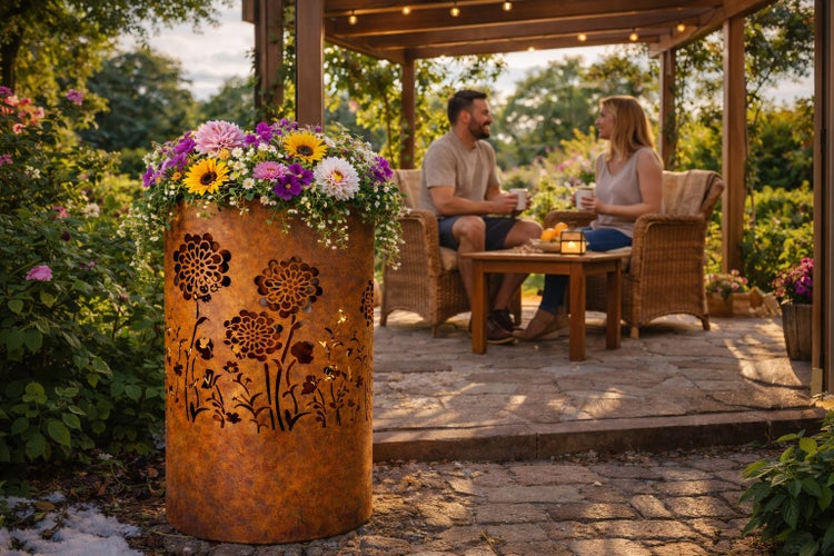 Dekorative Pflanzsäule aus Metall mit Blumenmuster, bepflanzt mit bunten Blumen, im Garten