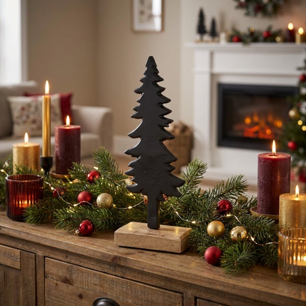 Dekorativer Weihnachtsbaum aus Metall mit Holzsockel, umgeben von Tannengrün, Kerzen und Christbaumkugeln auf einem hölzernen Sideboard.