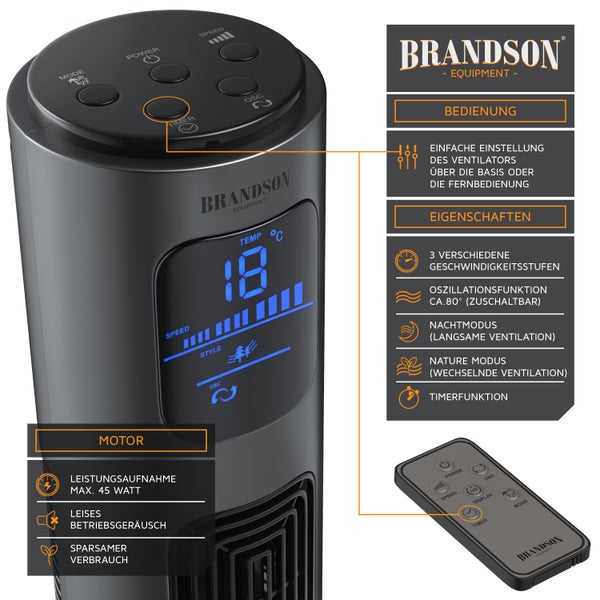Brandson Turmventilator mit Fernbedienung 96 cm, Säulenventilator leise, Standventilator mit Oszilation 60°, 3 Geschwindigkeiten 4 Lüftungsmodi Timer