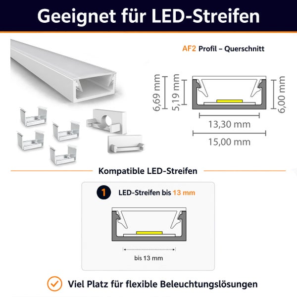 LED Aluminiumprofil AF2 für LED Streifen bis 13 Millimeter Breite mit Montagezubehör und Maßzeichnung