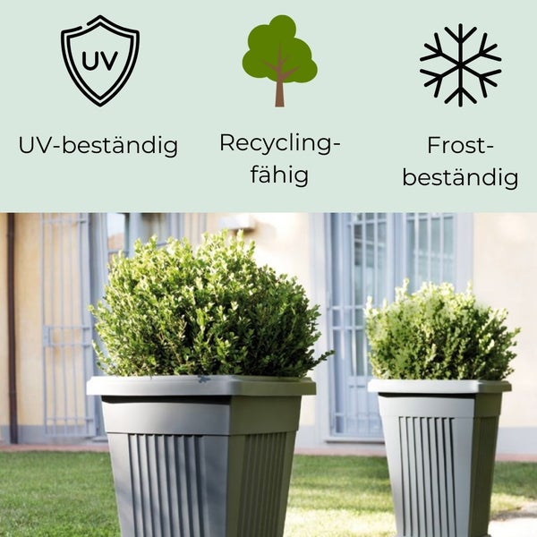 Abbildung von zwei Blumentöpfen mit den Symbolen: UV-beständig, Recyclingfähig, Frostbeständig