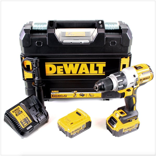 DeWalt Akku-Schlagbohrschrauber-Set mit zwei 18 Volt Akkus, Ladegerät, Zusatzhandgriff und Aufbewahrungskoffer.