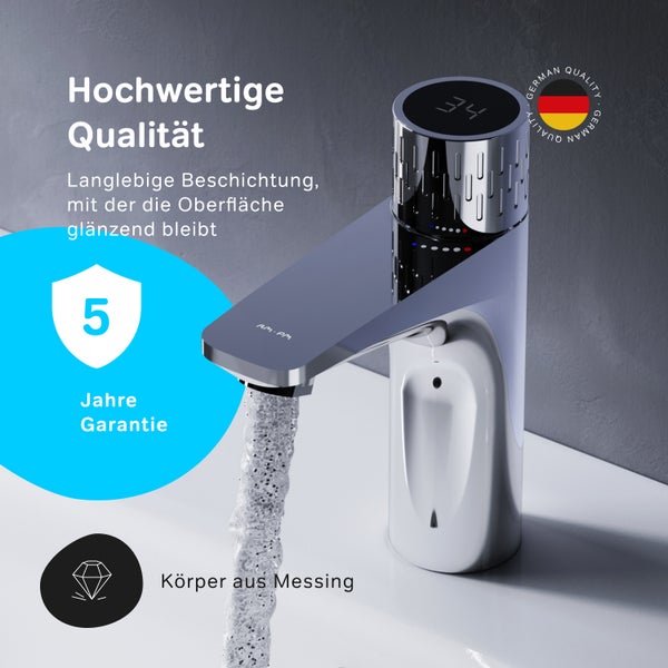 Moderne AM PM Waschtischarmatur aus Messing mit digitaler Temperaturanzeige und fünf Jahren Garantie.
