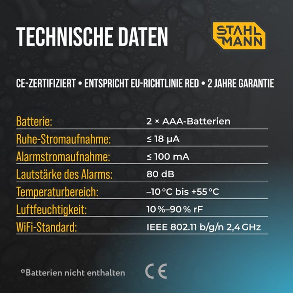 Stahlmann Logo. Technische Daten: 2 AAA Batterien, Alarmlautstärke 80 Dezibel, Bereich minus 10 bis plus 55 Grad Celsius, 2 Jahre Garantie.