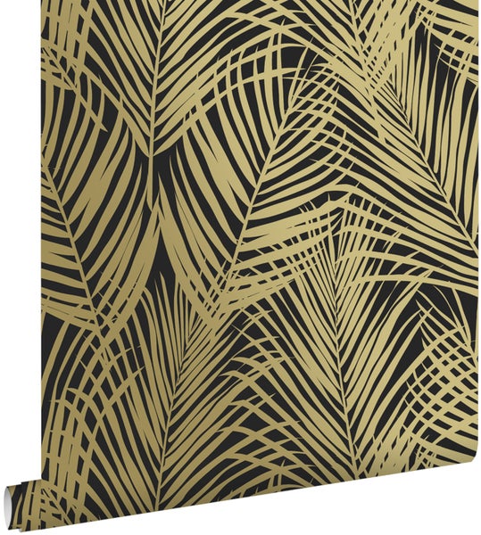ESTAhome Tapete Palmenblätter Schwarz und Gold - 53 cm x 10.05 m - 139318