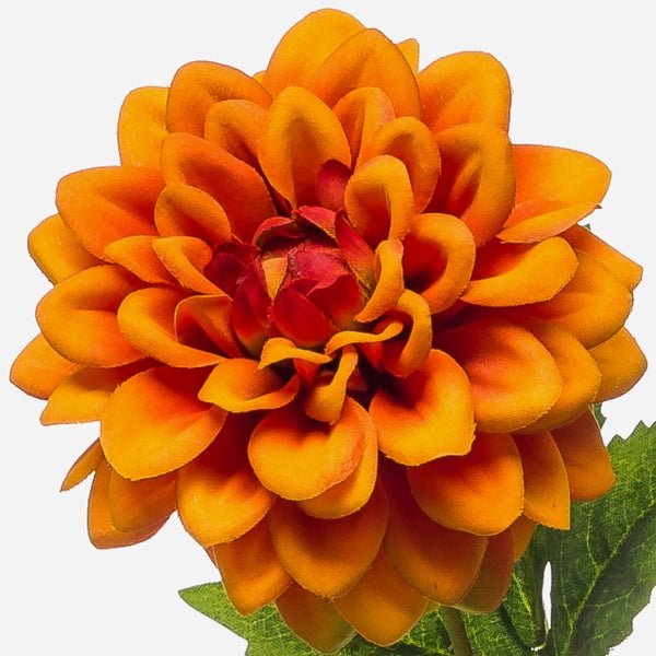 Künstliche Blumenknospe in Orange und Grün aus Kunststoff mit Stiel und Blättern.