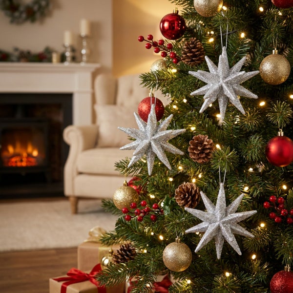 Geschmückter Weihnachtsbaum mit silbernen Sternanhängern, glänzenden Weihnachtskugeln, Tannenzapfen und Lichterkette vor einem Kamin.