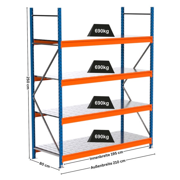 Blaues und oranges Schwerlastregal mit vier Ebenen und Gewichtsangabe