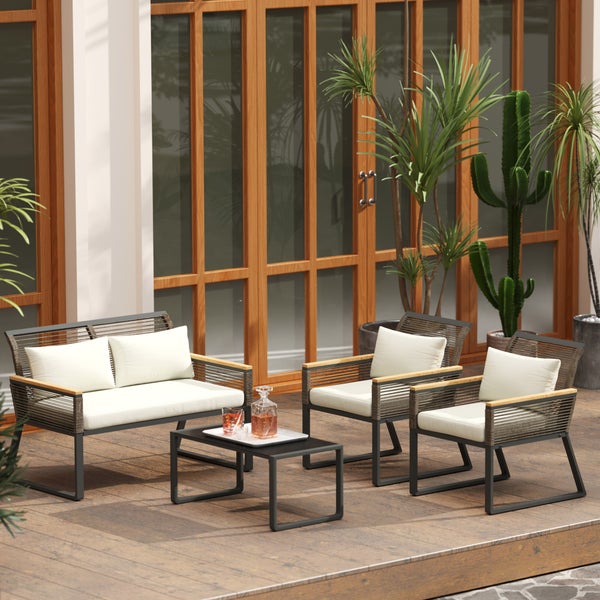 Outsunny Polyrattan Gartenmöbel Set 4 Personen wetterfest Balkonmöbel-Set mit 2er Sofa, 2 Stühle Glastisch Kissen Outdoor Sitzgruppe Gartengarnitur Gartenlounge für Garten Balkon Grau+Beige