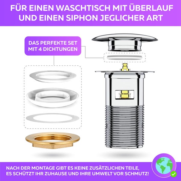 M. ROSENFELD HOME Ablaufgarnitur Waschbecken mit Überlauf Chrom - Ablaufventil Pop Up 1 1/4 zoll aus Edelstahl & Messing für Waschtisch - PopUp Ventile, Abflussgarnitur Waschbecken, Einfacher Einbau