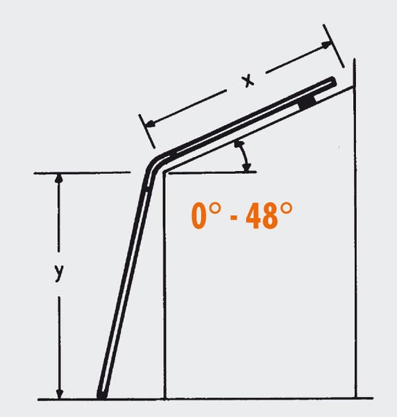 Technische Zeichnung eines verstellbaren Winkels von 0 Grad bis 48 Grad