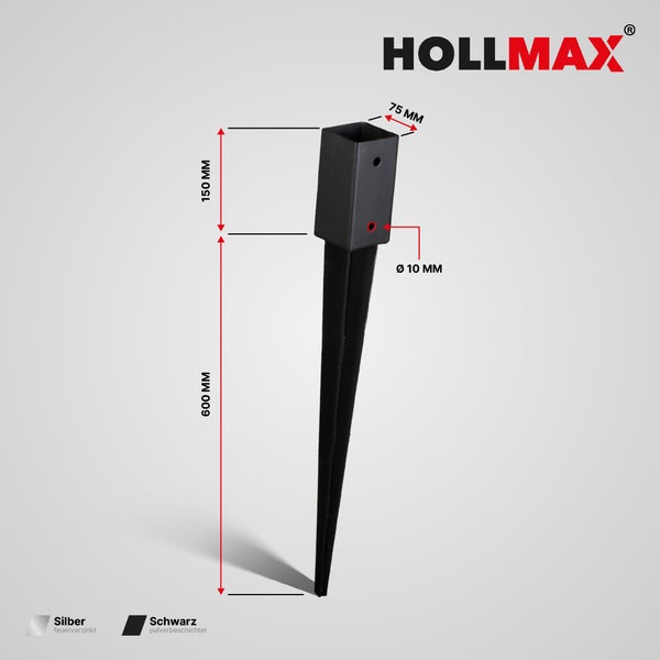 Hollmax Logo. Schwarze Einschlagbodenhülse mit Abmessungen: Breite 75 Millimeter, Höhe 150 Millimeter, Länge 600 Millimeter, Bohrung 10 Millimeter.