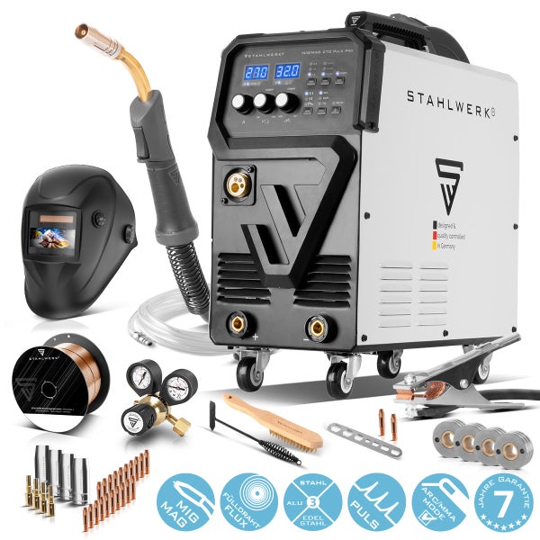 Schweissgerät mit Schweisshelm, Drahtrolle, Druckminderer und Zubehör