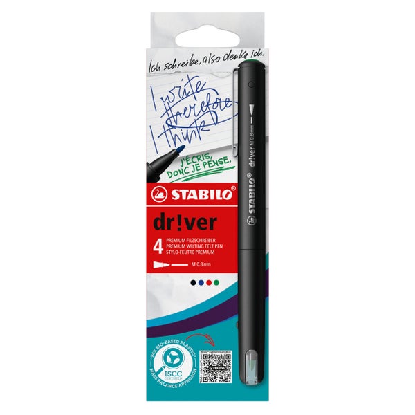 STABILO Premium-Filzschreiber dr!ver, 4er Set, grün, rot, blau, schwarz