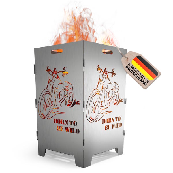 Feuerkorb aus Stahl mit Motorrad Design und Schriftzug Born to be wild mit einem Made in Germany Anhänger.