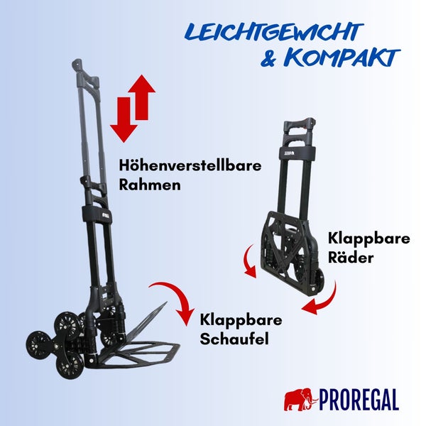 PROREGAL Klappbare Treppensackkarre ELEPHANT HxBxT 110x45x48cm Traglast 70kg Aluminiumrahmen ergonomische Griffe TRR Fachgummiräder Schwarz Treppensteiger Sackkarre