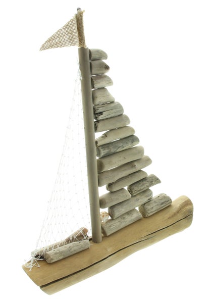 FRANK FLECHTWAREN | Dekoboot Sailor, HOLZ, MUSCHELN, JUTE, METALL, 33,5 x 6,5 x 39,5 cm