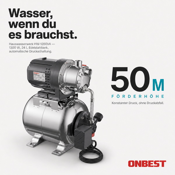 Hauswasserwerk HW-1350VA mit 1300 Watt, 24 Liter Edelstahltank und 50 Meter Förderhöhe für konstanten Wasserdruck.