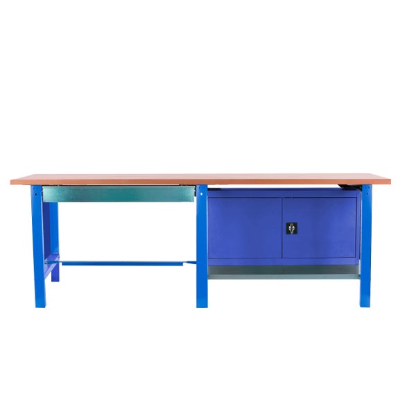 Werkbank BUFFALO WOOD mit 1x Schublade + Schrank| HxBxT 86,5x210x75cm | Traglast 1000kg | Blau