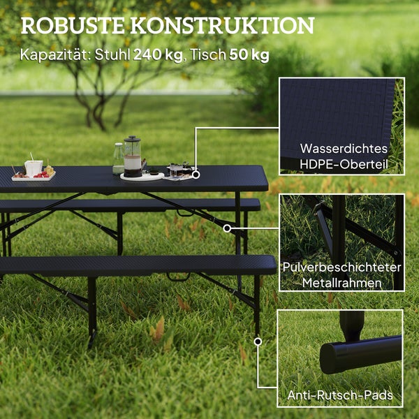 Outsunny Bierzeltgarnitur 3-teiliges Set Klappbar Campingtisch, 2 Bierbank mit Tragegriff, Rattanoptik, Biertischgarnitur Festzeltgarnitur für Balkon, Partyzelt, Garten 180 x 74 x 74 cm