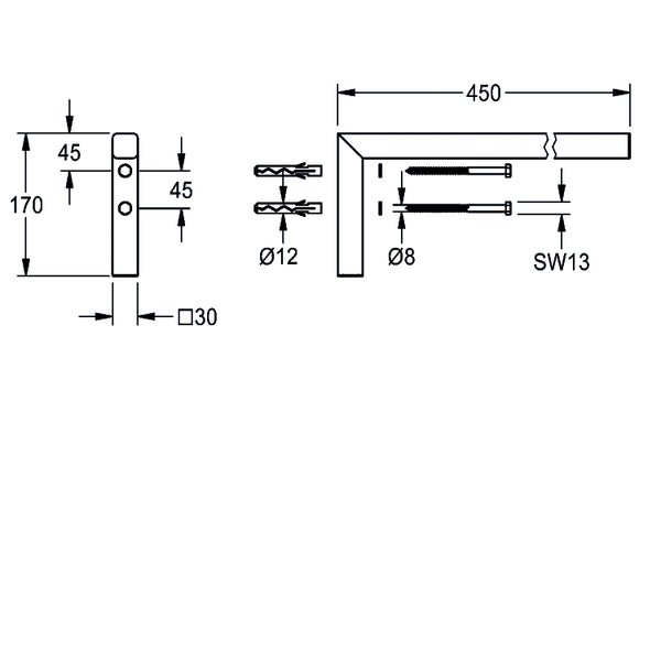 Technische Zeichnung L-Wandhalter: Länge 450 Millimeter, Höhe 170 Millimeter, Quadratprofil 30 Millimeter, inklusive Schrauben und Dübeln.